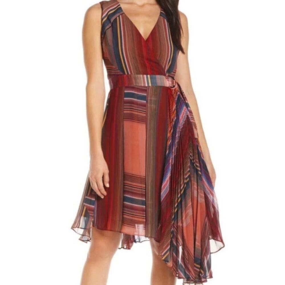 Anthropologie Harlyn Pleated Striped Chiffon Belted Dress Medium